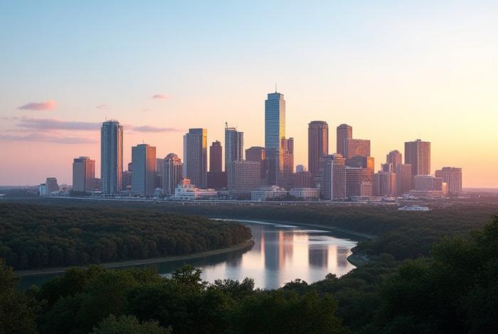 Panoramic view of the Austin, Texas skyline from a distance, showcasing modern architecture and natural beauty
