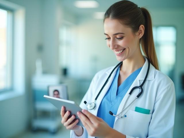A female doctor is conducting a secure telehealth call on a tablet, with medical charts visible in the blurred background. The image emphasizes professional, confidential patient care via technology.