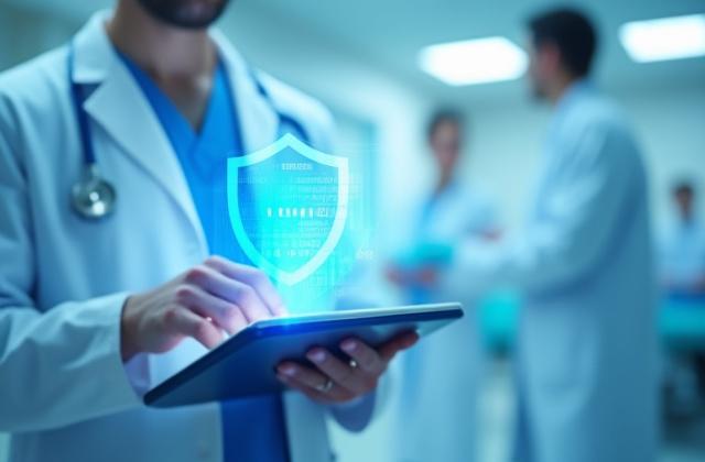 Medical professional reviewing patient data on a secure tablet