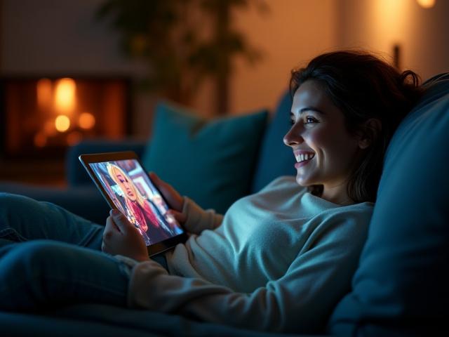 Person happily streaming content on a tablet with vibrant graphics